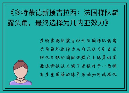 《多特蒙德新援吉拉西：法国梯队崭露头角，最终选择为几内亚效力》